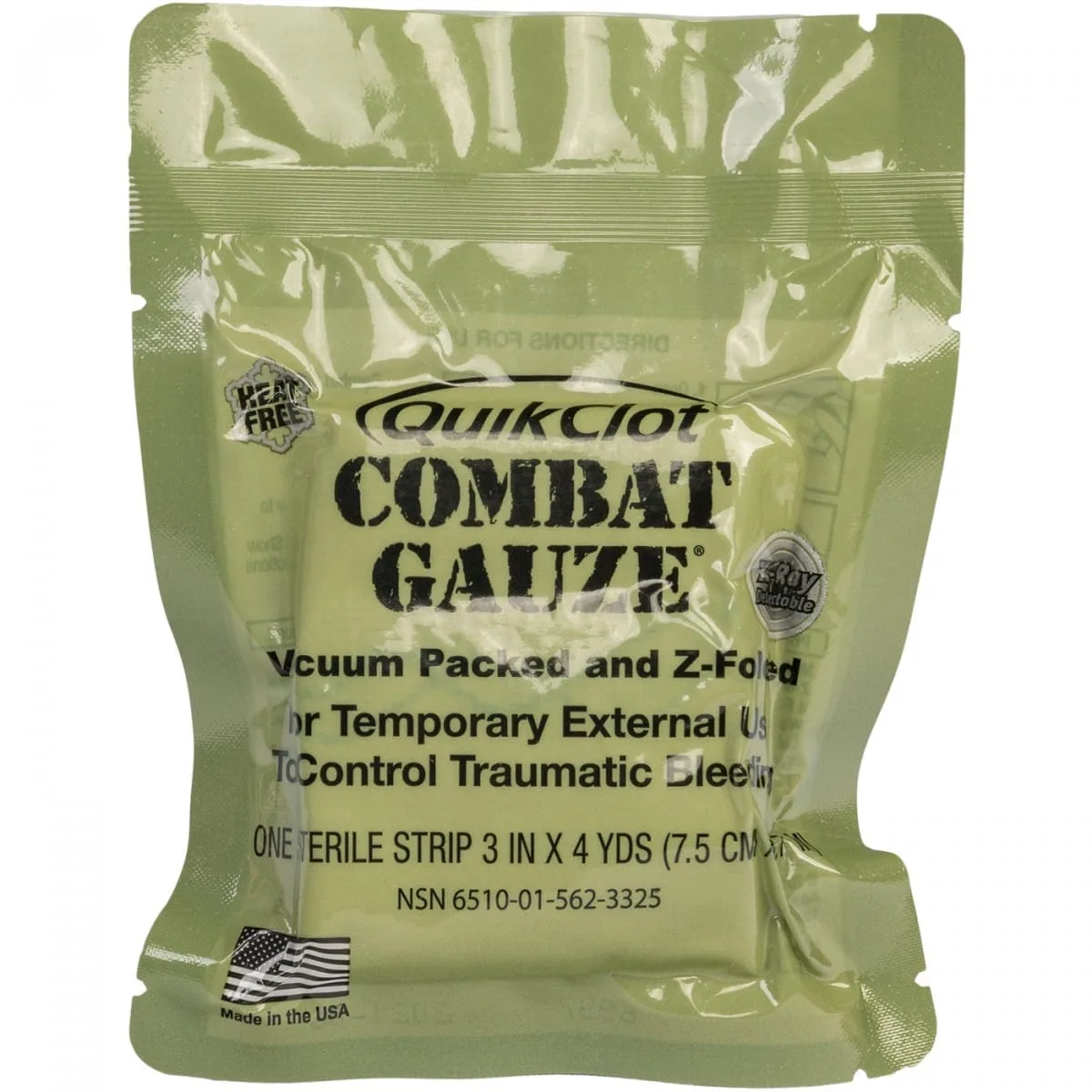 Vacuum-packed Z-fold Combat Gauze, optimized for traumatic bleeding control, comes in a sealed green package with detailed product specs.