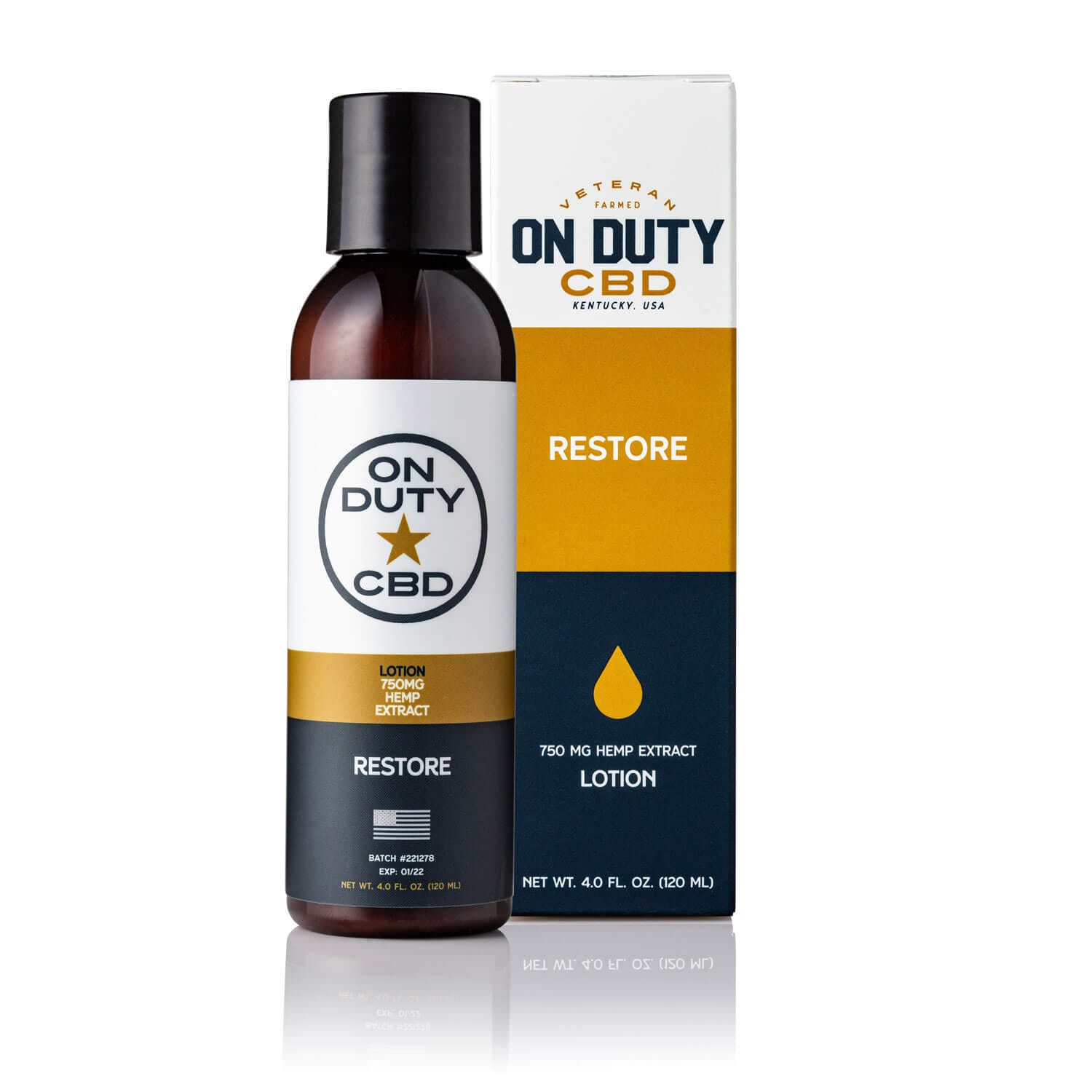 A 4 fl oz bottle of Restore Hemp Lotion (750 mg hemp extract) positioned by its white and yellow box.