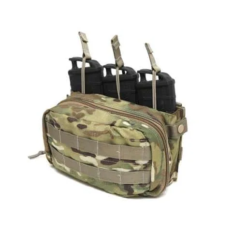 M4/Med Pouch in camo, holding three black cylindrical items, top straps secured.