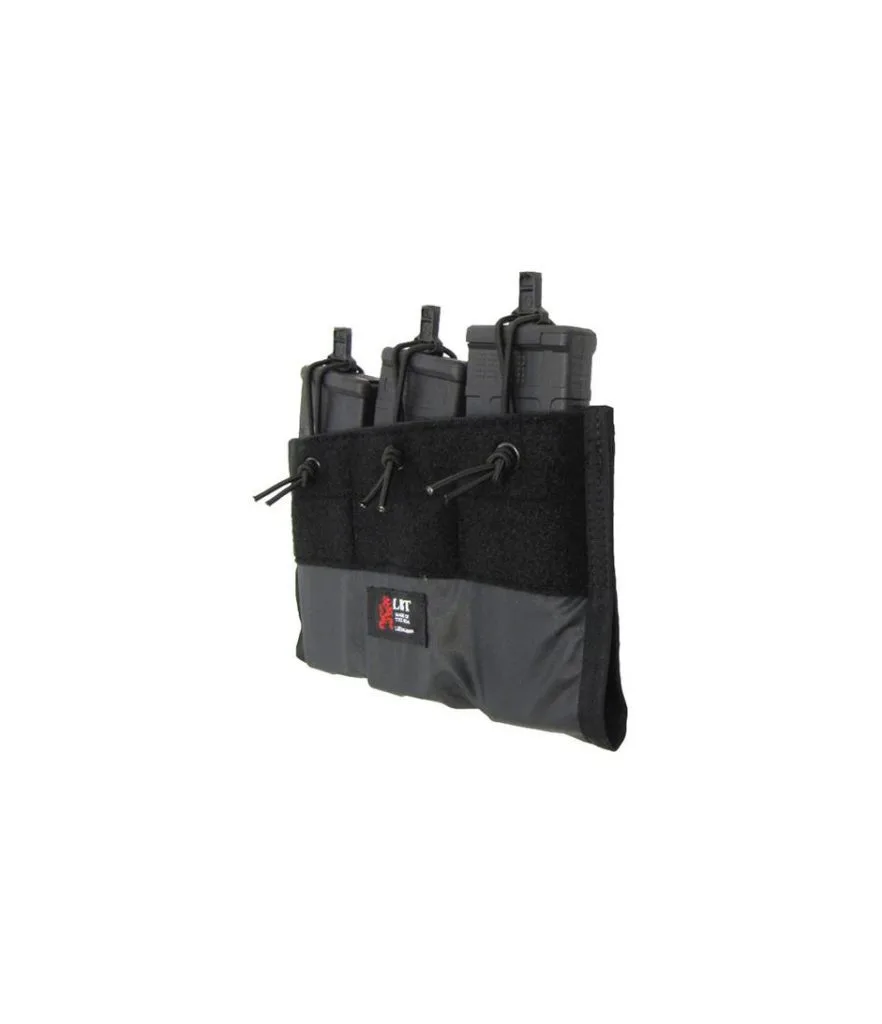Tactical triple mag pouch with 5.56 retention insert, black. Three compartments for secure mag retention.
