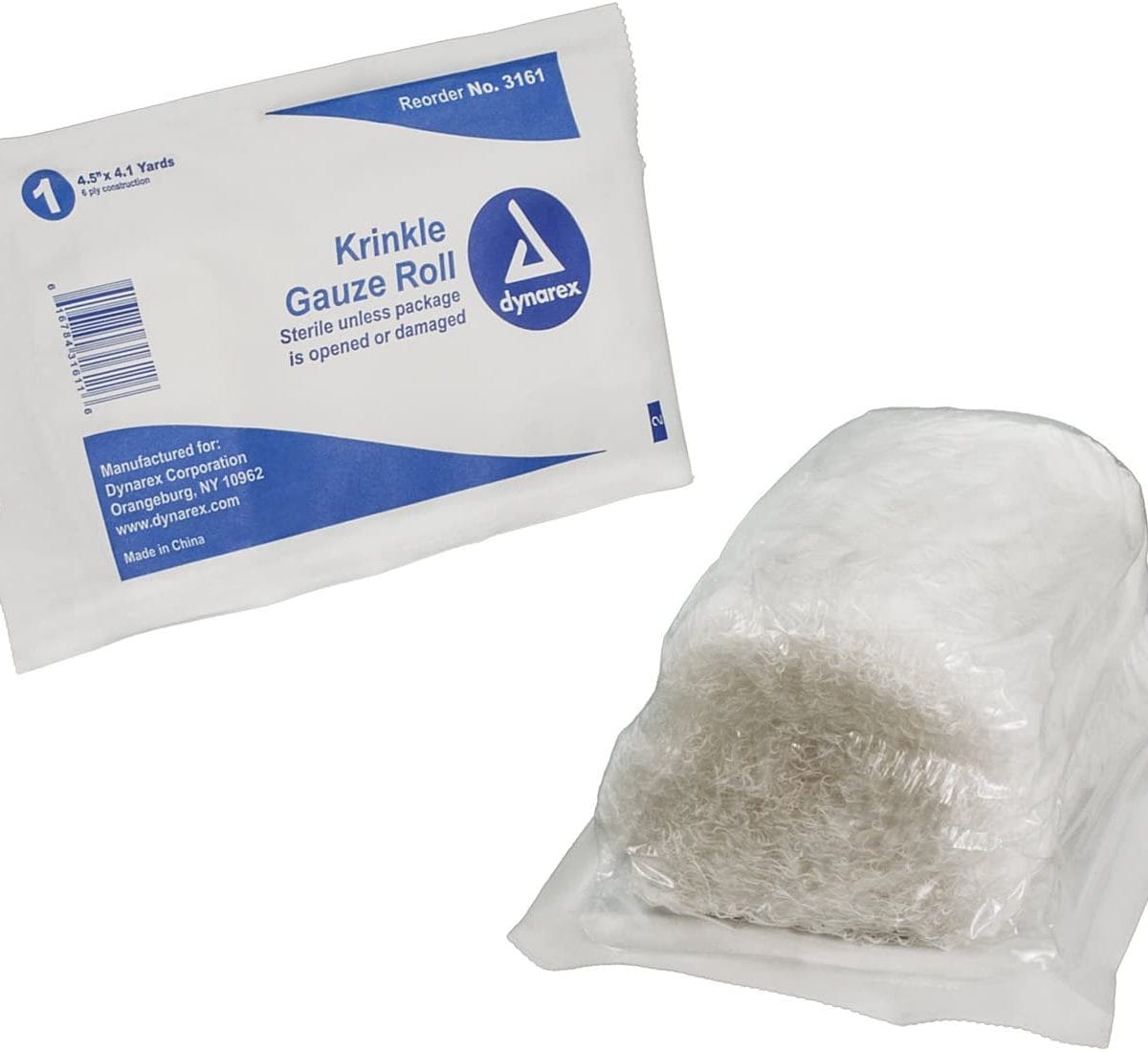 Sterile Krinkle Gauze Roll in packaging with product description and instructions alongside unwrapped roll.