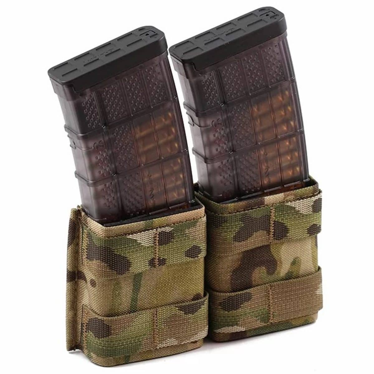 Two translucent rifle mags loaded with cartridges are secured in an Esstac KYWI 5.56 Double | Shorty camo dual mag pouch.