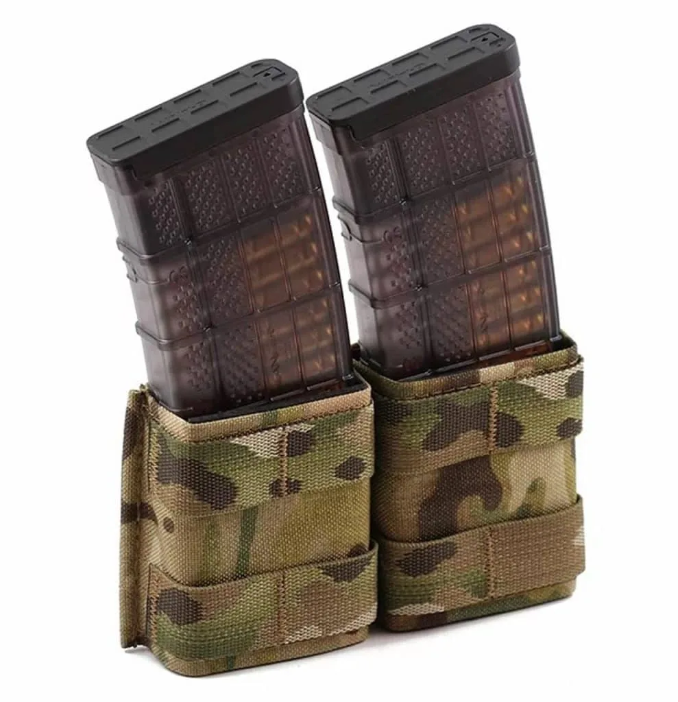 Two translucent rifle mags loaded with cartridges are secured in an Esstac KYWI 5.56 Double | Shorty camo dual mag pouch.