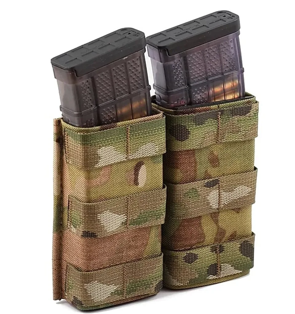 Two mags in a camo-patterned tactical pouch, fully compatible with Esstac KYWI 5.56 Double | Shorty.