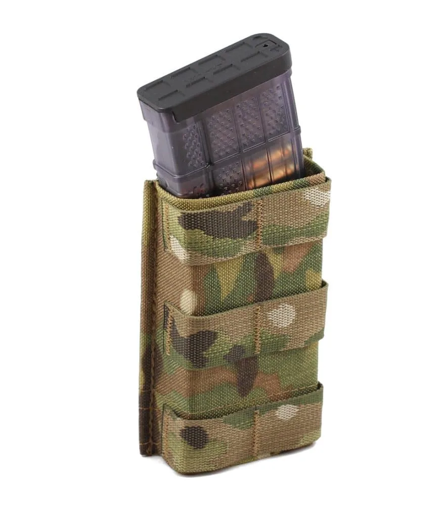 Camouflage fabric pouch for midlength rifles. Holds partially inserted Esstac KYWI 5.56 Single | Midlength transparent magazine.