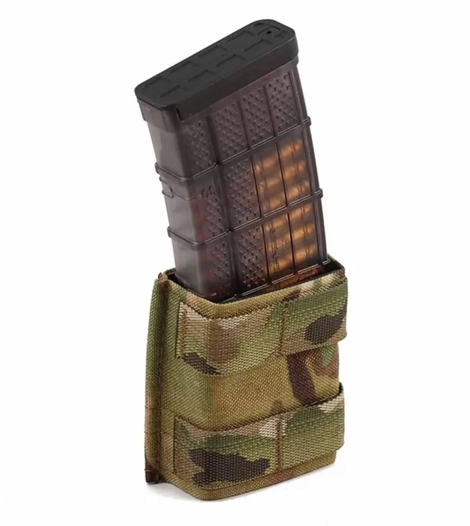 Translucent 5.56 mag partially inserted in Esstac KYWI Single Shorty camo pouch.