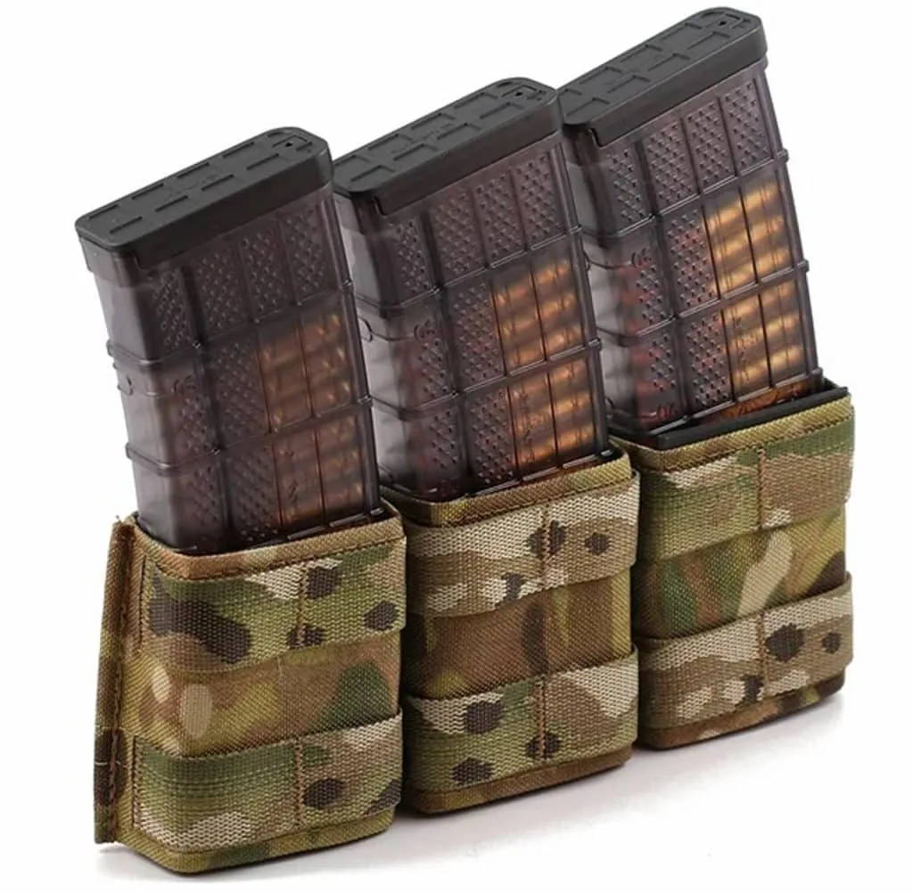 Three Esstac KYWI 5.56 Triple | Shorty mags, visible rounds, in camo pouches.