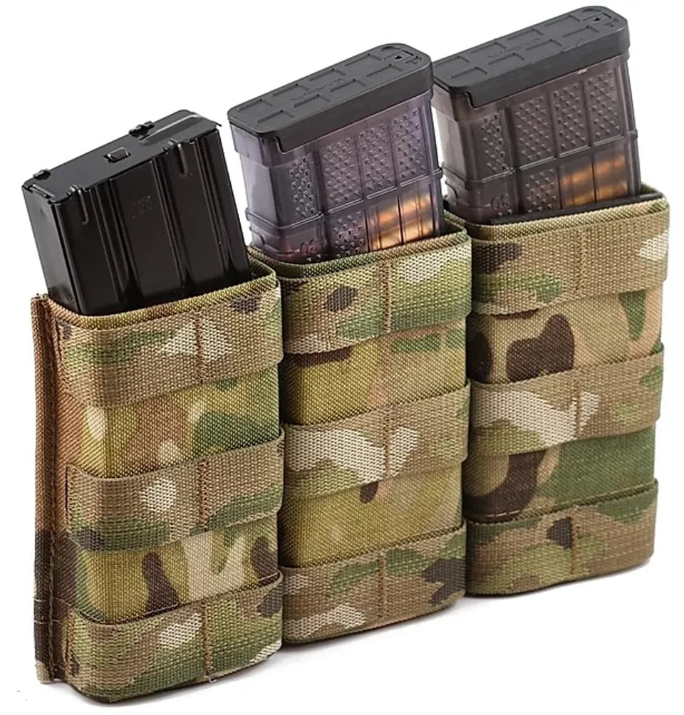 Three Esstac KYWI Shorty 5.56 Triple Mag Pouches with camo, side by side. Each holds a 5.56 triple box mag.