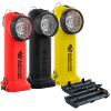 Survivor LED Right Angle Flashlight Three Streamlight Survivor LED Right Angle Flashlights (red, black, yellow) displayed upright with two spare battery packs below them.