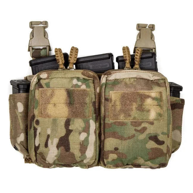 HRT Maximus Placard camo chest rig: includes dual utility pouches and top clips, securely holds multiple magazines.