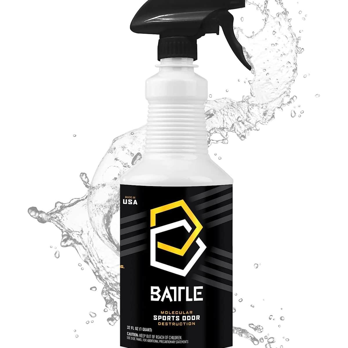 32oz white spray bottle labeled "Battle Odor Eliminator" with black trigger nozzle; backdrop: liquid splash.