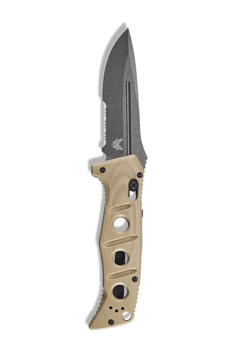 Benchmade Auto Adamas with silver blade, Desert Tan G10 handle, and oval cutouts.