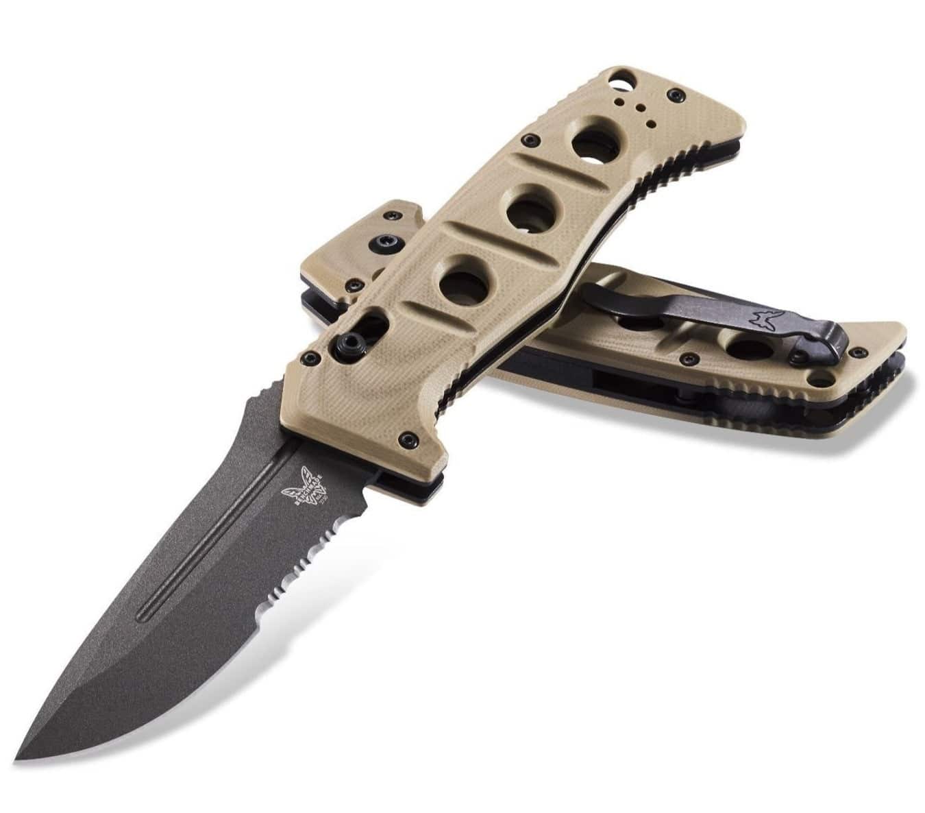 The Benchmade Auto Adamas, featuring a serrated edge and Desert Tan G10 handle, is displayed open and closed. This folding tactical knife excels in durability and functionality.