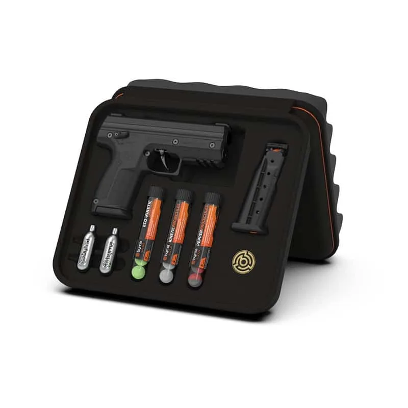 Byrna SD Pepper Kit: Includes Byrna SD air pistol, extra magazine, CO2 cartridges, and four color-coded ammo tubes—packaged in a black case.