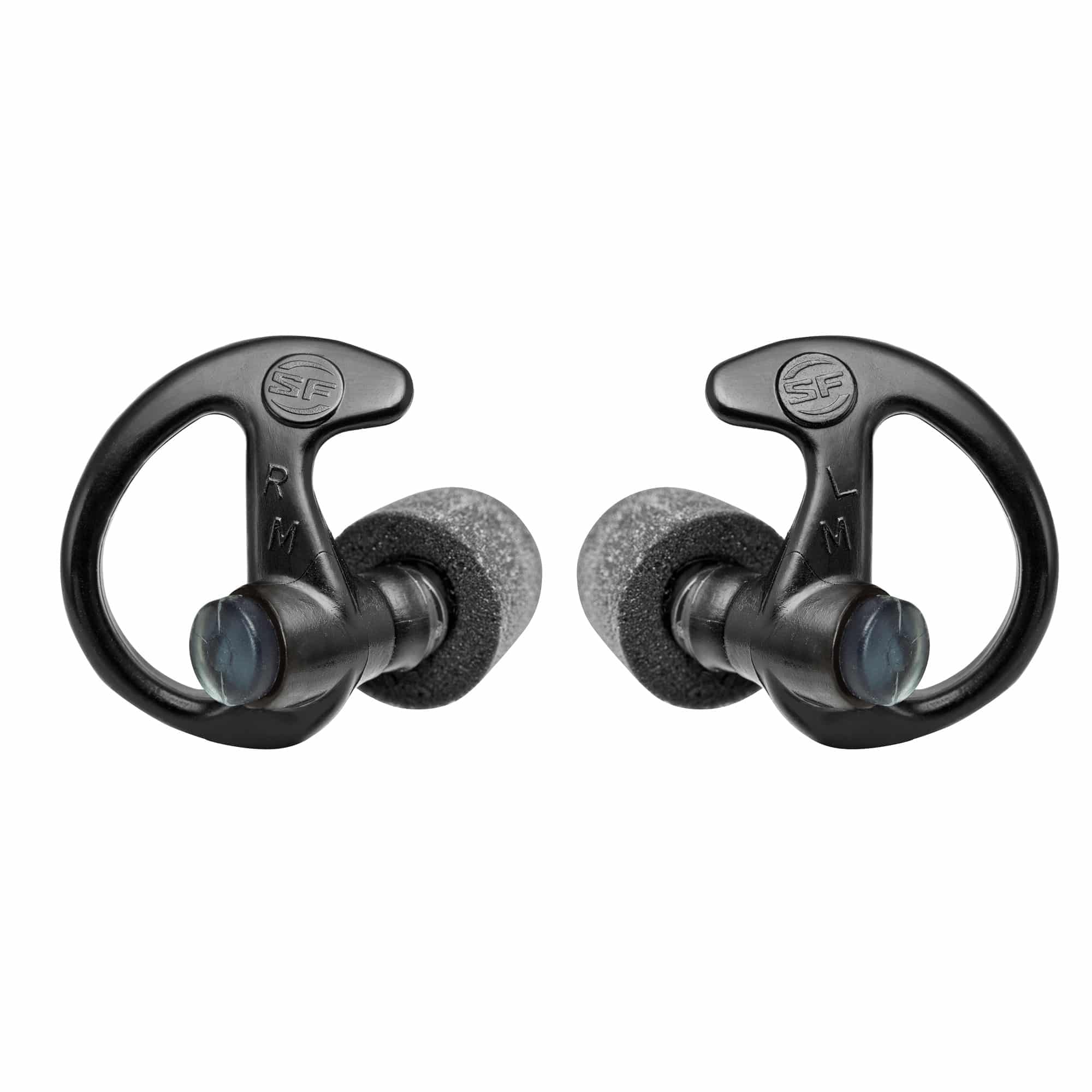 Surefire Sonic Defender Med Blk in-ear plugs with ergonomic hooks and foam tips for secure fit.