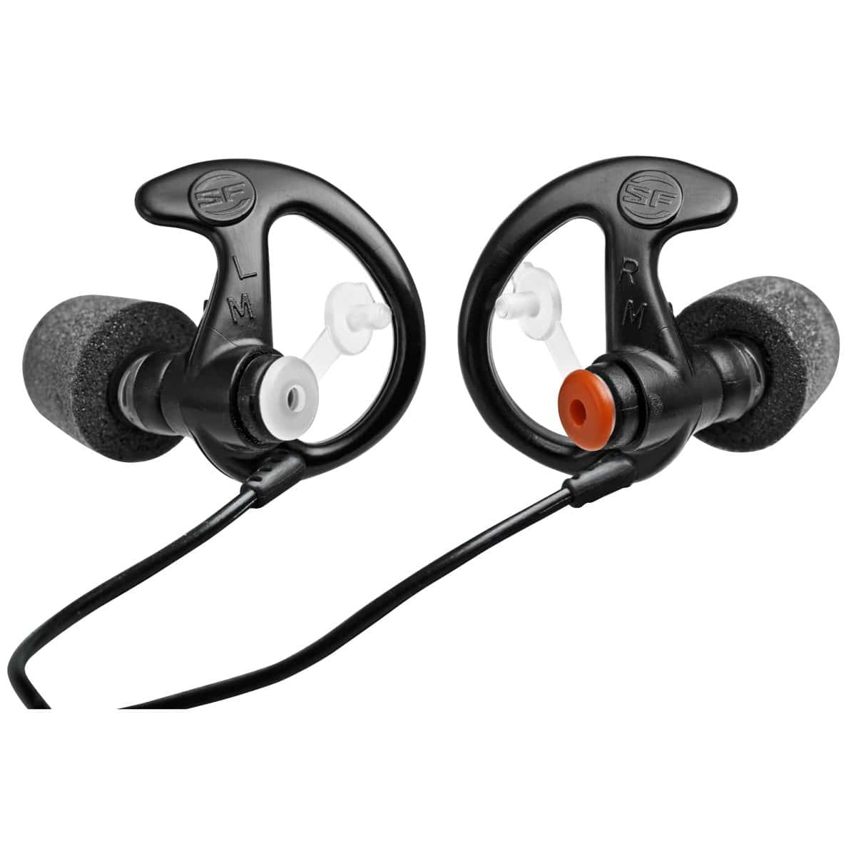 Surefire Sonic Defender Lrg Blk 1 Pair: Black in-ear headphones, foam tips, ear hooks, labeled markers (orange-right, white-left). Connected by a black wire. Provides clear audio and ear protection.