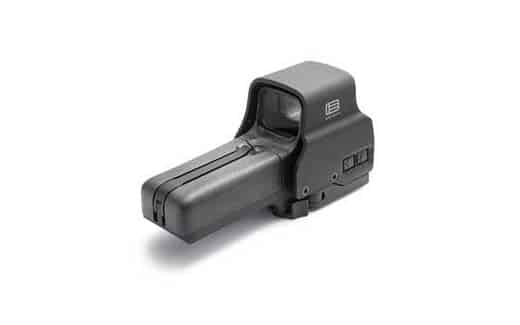 EOTECH 518 Holographic Sight: Black, rectangular window, side adjustment buttons, 68 MOA ring/1 MOA dot reticle. Designed for precision aiming.