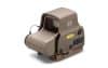 Close-up: Tan EOTECH EXPS3 1 MOA QD Holographic Sight. Features: Clear viewing window, side buttons, switch, warning label.