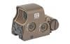 EOTECH XPS2-2 68/2 MOA CR123 TAN: A tan holographic sight with "Down" and "Right" adjustment knobs, front-facing lens, delivers precise MOA accuracy.