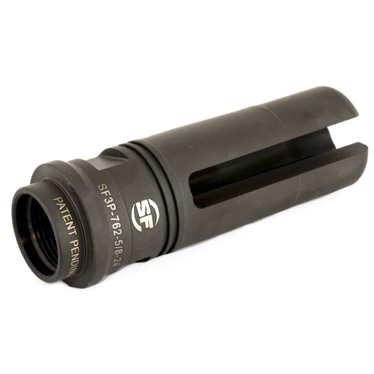 Surefire Socom FH 7.62mm, 5/8x24, AR10: Black cylindrical suppressor with end slots. Marked "SF" and technical specs. Ideal for AR10 use.