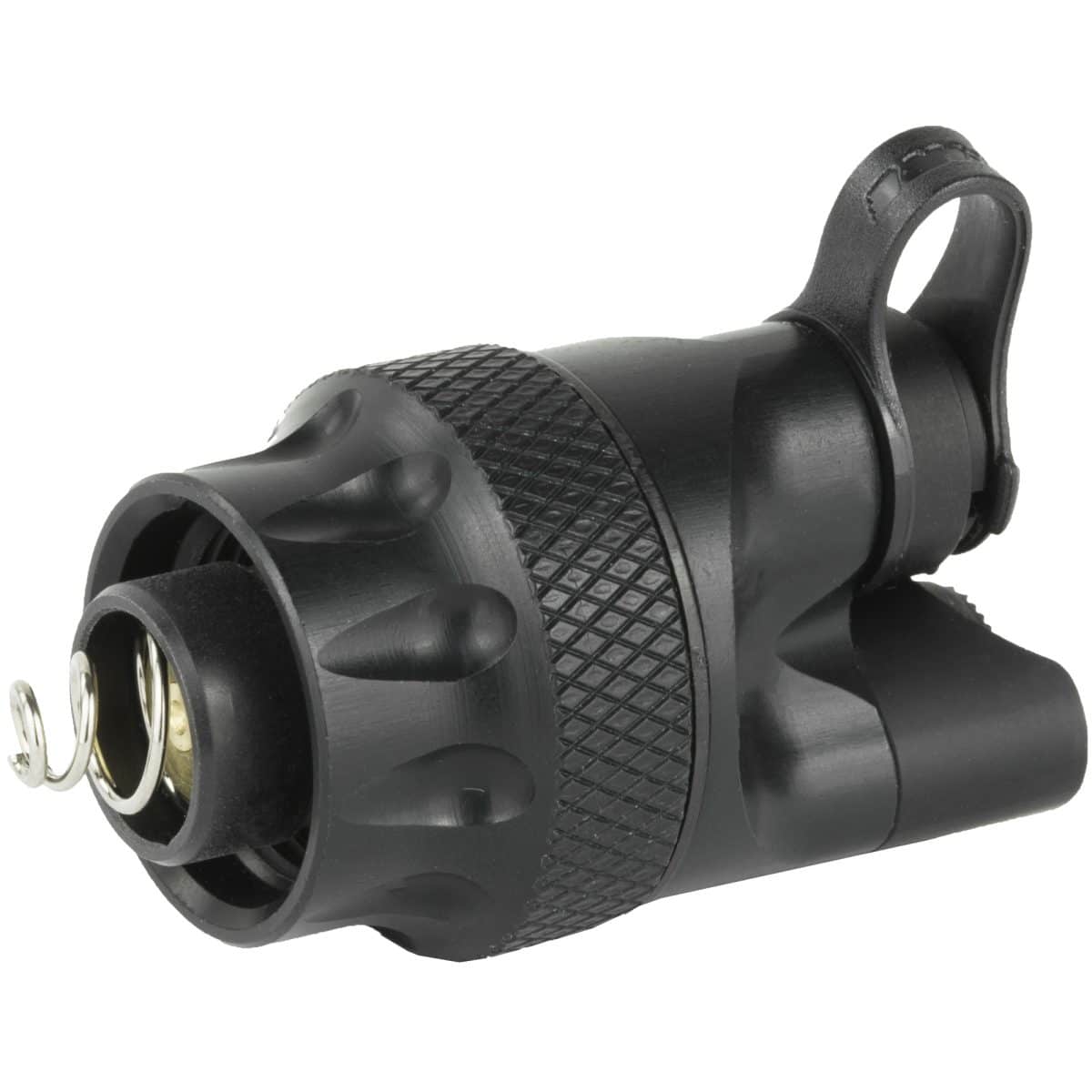 Close-up of Surefire M6X Tail Cap: Black plastic, textured grip, spring-loaded metal contact.