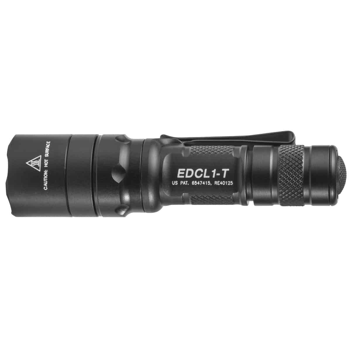 Surefire EDC L1 Tac Blk 5/500 Lum flashlight, US PAT. 6547415, RE40125, shown horizontally with side-mounted Surefire clip.