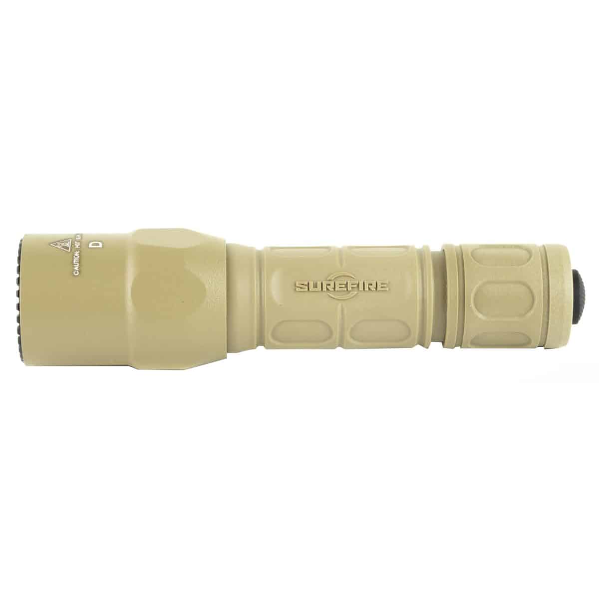 Surefire G2X Pro-Tan: 15/600 lumen LED tactical flashlight, textured grip, tail-cap push-button switch.