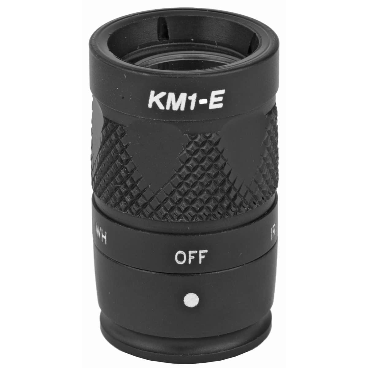 Black cylindrical device, labeled "KM1-E," with textured grip. Switch settings: "WH," "OFF," and "IR." Equipped with Surefire LED Module 3V Upgrade Blk for optimal performance.