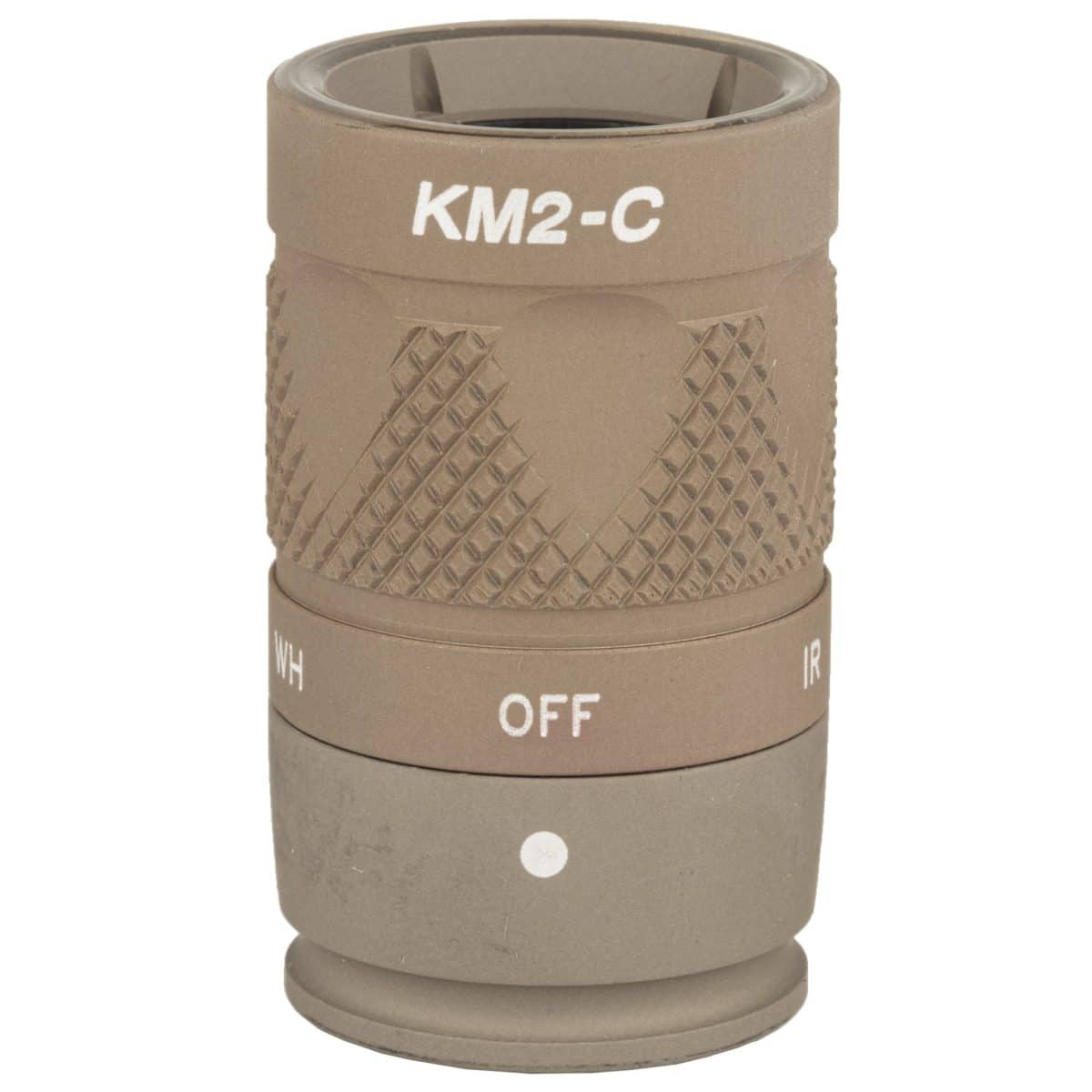 Cylindrical tan Surefire KM2-C, featuring knurled grip and rotating "WH/OFF/IR" dial. Equipped with 6V 350 Lum LED for peak performance.