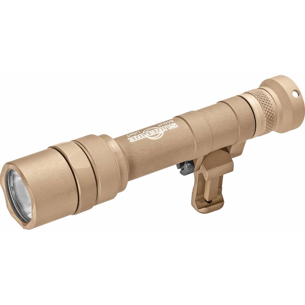 The Surefire M640U Scout Pro 1000Lum Tn is a tan tactical flashlight with a cylindrical body and clip, delivering 1000 lumens.