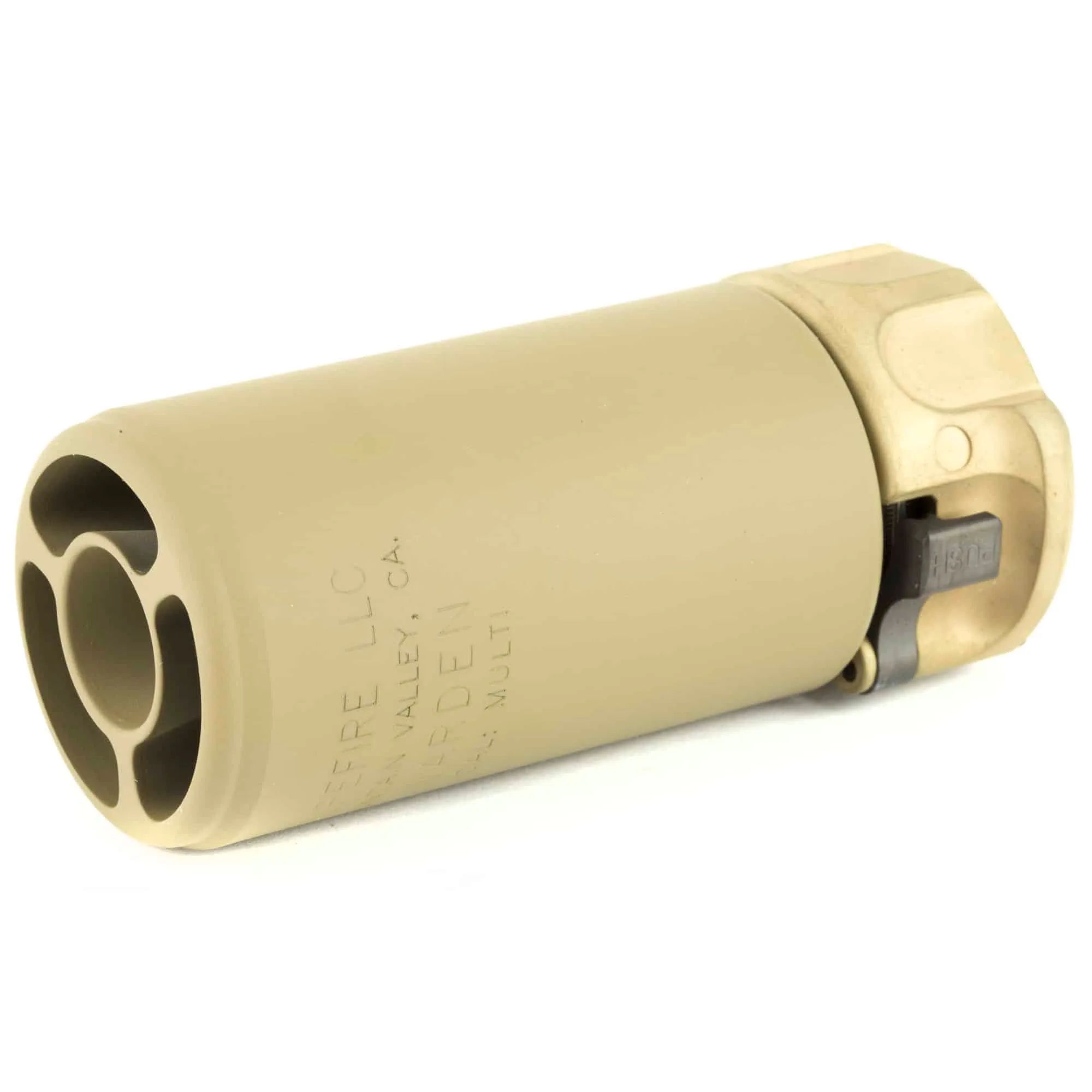 A tan Surefire Warden-Blast Multi-Cal Demu suppressor, features circular exit holes and mounting mechanism, displayed horizontally on a white background.