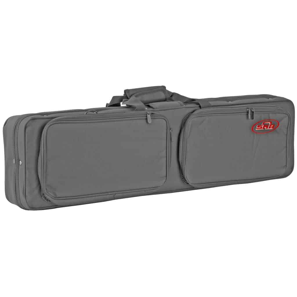 The SKB Hybrid Take Down Case: black with gray padding, zippered, handle-equipped, dual front pockets, red logo, and sleek black trim. Optimal gear storage and protection.
