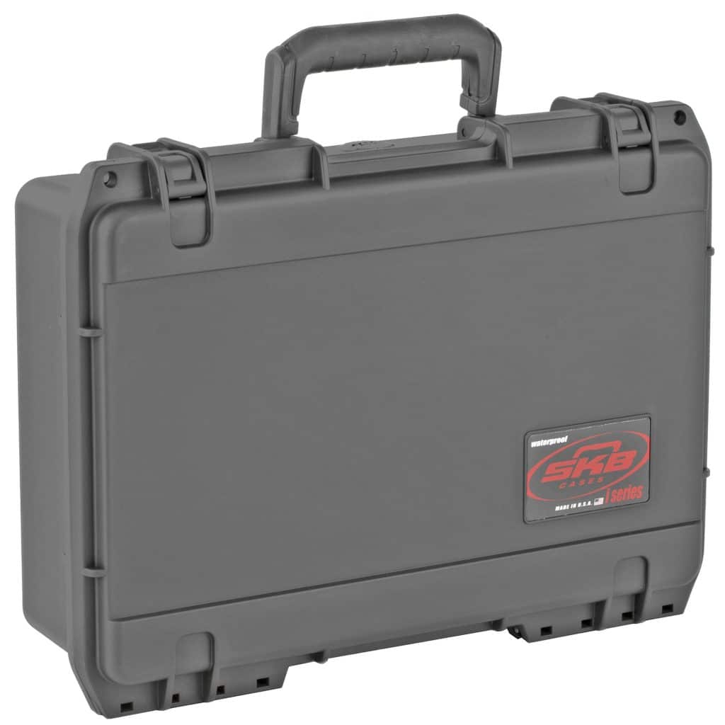 Black SKB I-Series Pistol Case with handle, secure latches, and red/black logo label.