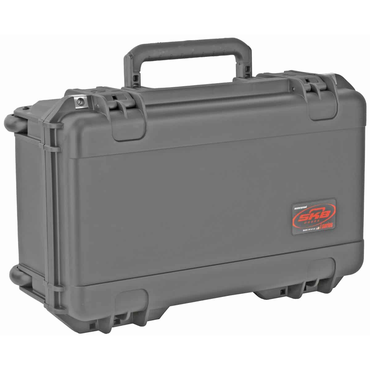 SKB I-Series Handgun Case (6 Gun) in black: tough gray plastic, secure latch closures, handle, and red/black label. Ideal for firearm protection.