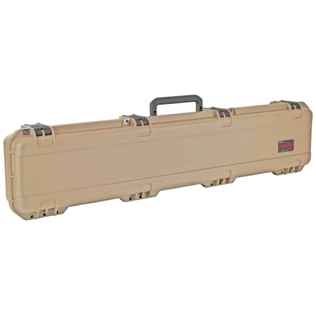 The SKB I-Series Single Rifle Case in Tan features a durable hard-shell, black handle, and four latches, ideal for securing and transporting firearms or long equipment.