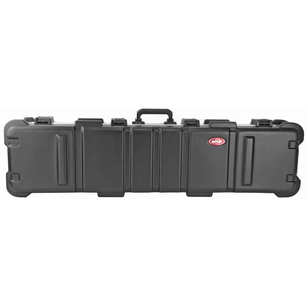 SKB Double Rifle Case: durable black plastic with handle, integrated wheels, and prominent red/white logo for easy transport of long items.