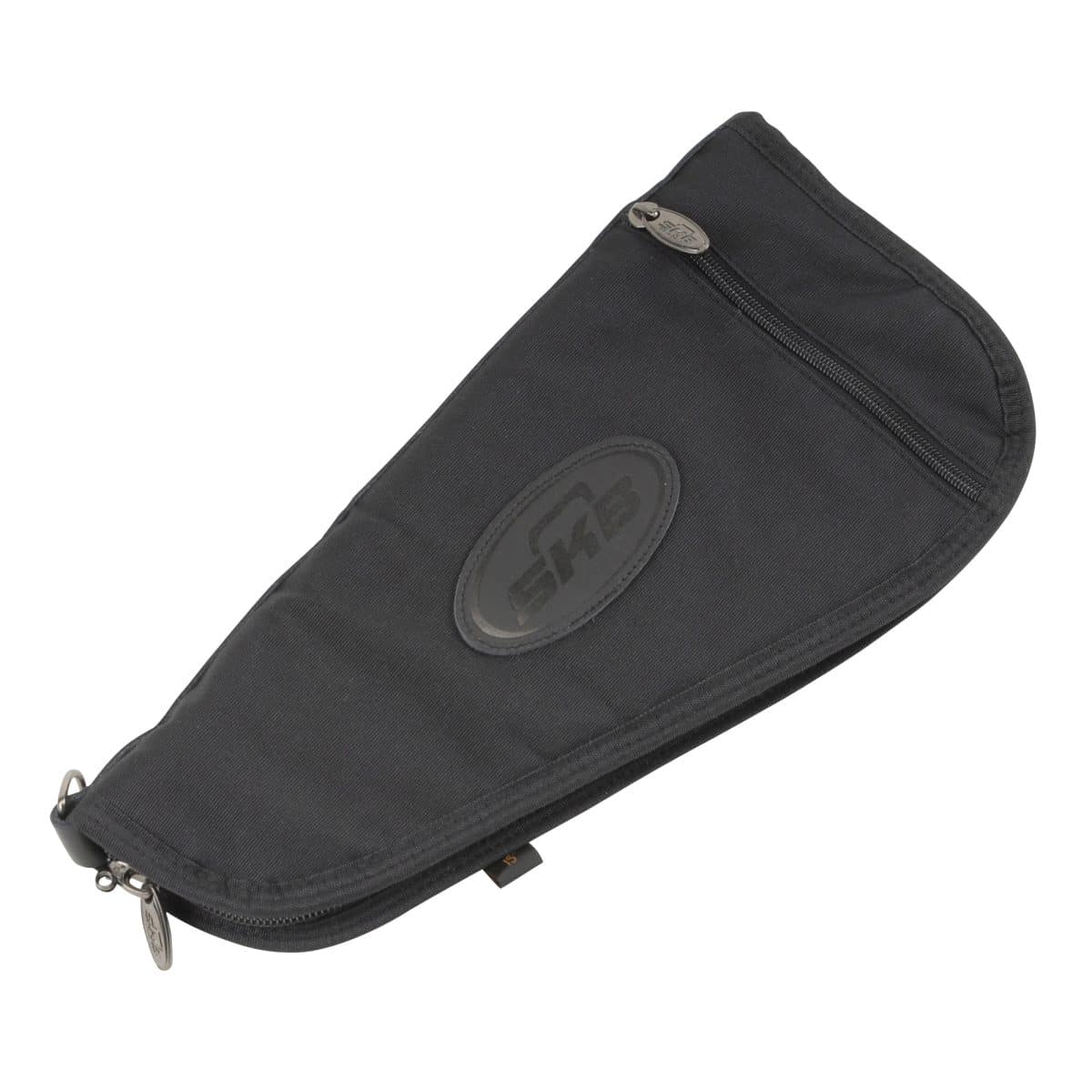 SKB Large Pistol Bag 15X7.5: black, sleek, triangular zippered design, "sks" logo. Stylish and functional for tactical use.