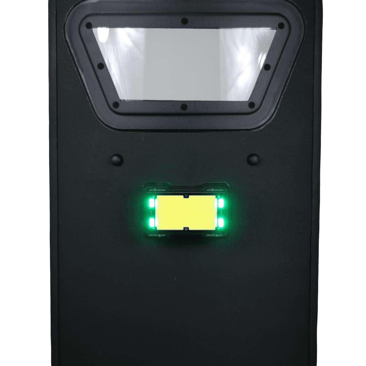 Black ballistic shield with rectangular viewport, yellow status panel with green indicators, and Specter Gen II Wireless LED Light (5000 lumens) for enhanced visibility.