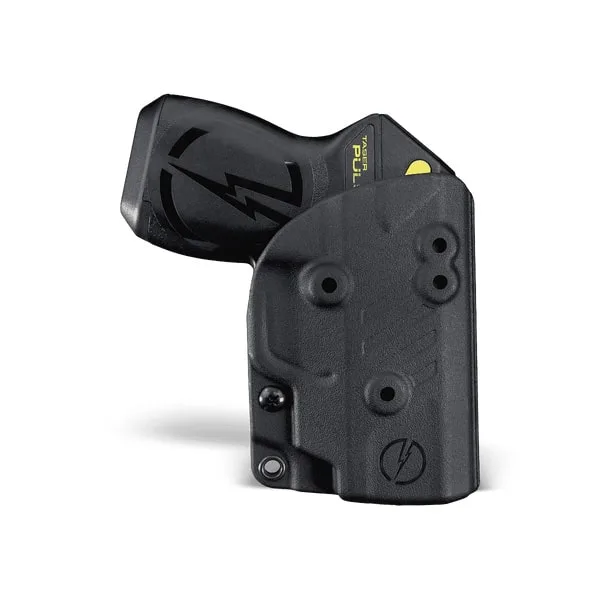 A TASER Pulse Holster partially encases a black TASER Pulse, revealing the grip and lightning bolt logo.
