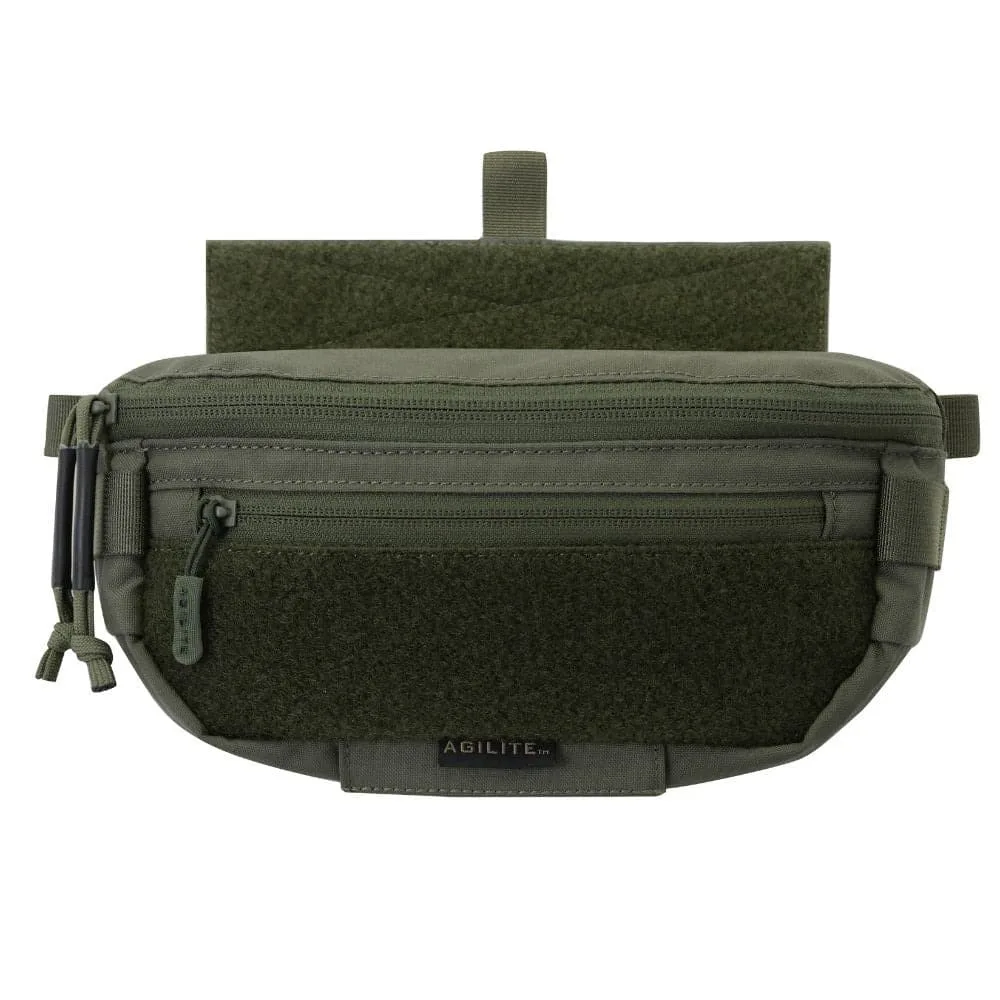 Agilite Six Pack Hanger Pouch: green tactical waist pouch, multiple zippers/compartments, branded "Agilite." Ideal for efficient gear organization.