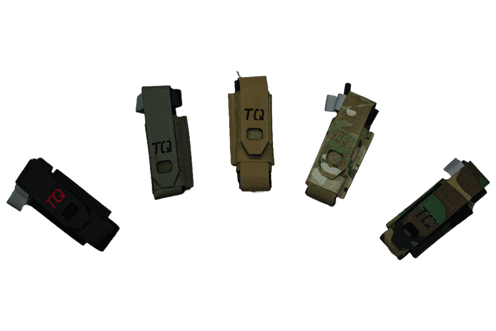 Five TRP pouches (black, gray, tan, camo green, camo brown) aligned against a white backdrop. Each marked "TQ" for rapid identification and built for secure retention and quick access.