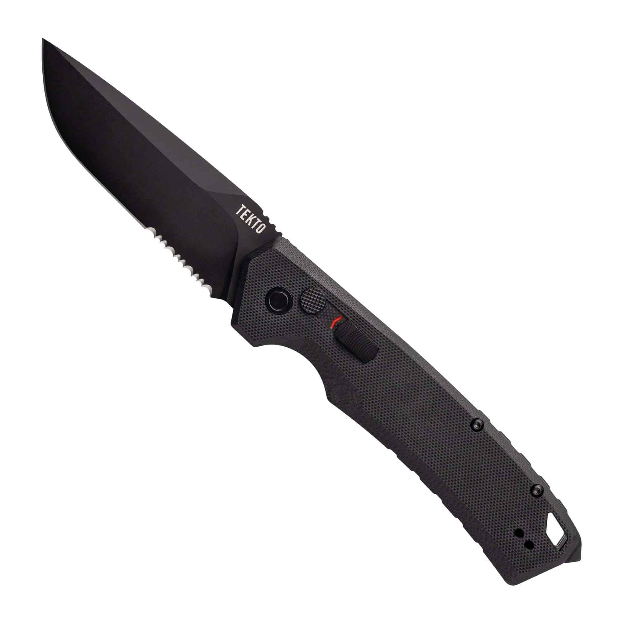 The Tekto A3 Delta: black folding knife with textured handle, partially serrated blade, and "Tekto" branding.