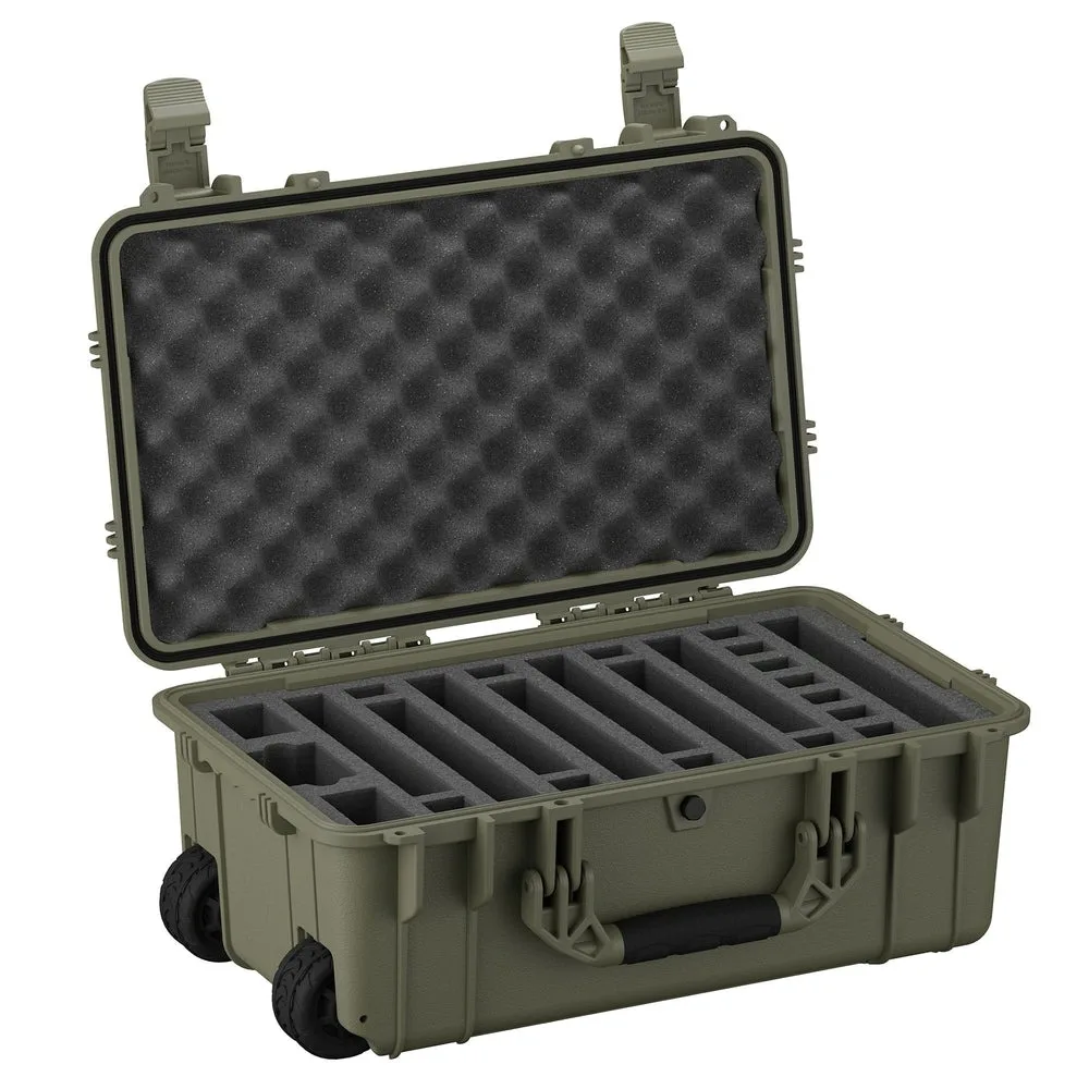 Open the 22" 7 Pistol Case #300: olive green hard-shell, foam padding, customizable compartments. Black handle, dual wheels. Transports up to seven pistols securely.