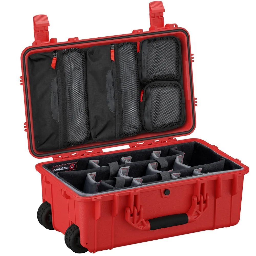 #300 22" Large Case open: multiple padded compartments, plus lid organizer with mesh pockets for streamlined gear storage and transport.
