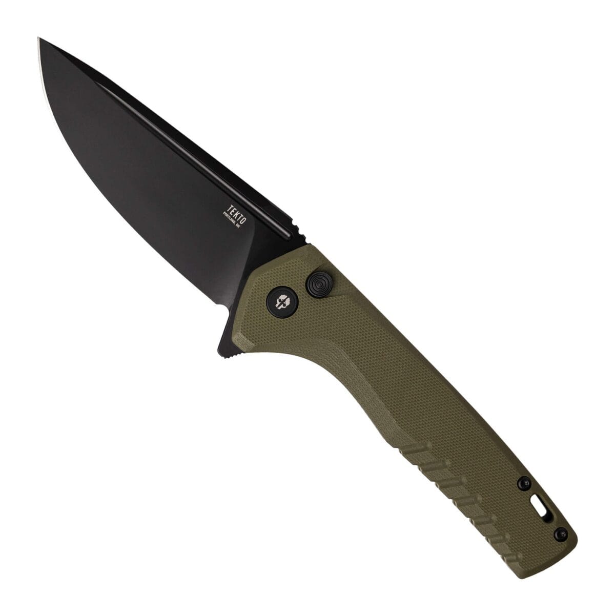 Tekto F3 Charlie folding knife with black blade and olive green handle, displayed on a plain white background.
