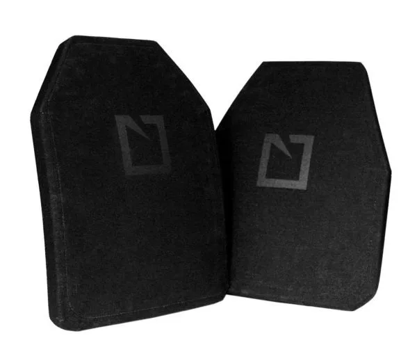 The HESCO 3612 Level III+ Plate Set displays two sleek black, rectangular armor plates with a central logo against a white background, offering superior protection with a minimalist design.